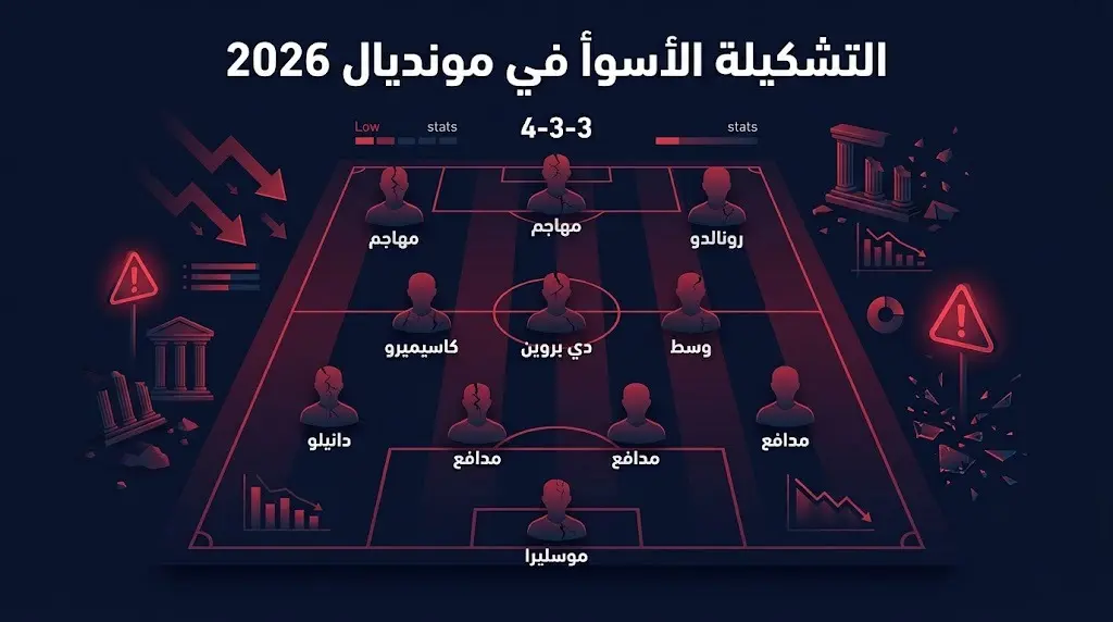 إنفوجرافيك يوضح التشكيلة الأسوأ في كأس العالم 2026 والتي تضم لاعبين مثل رونالدو ودي بروين.