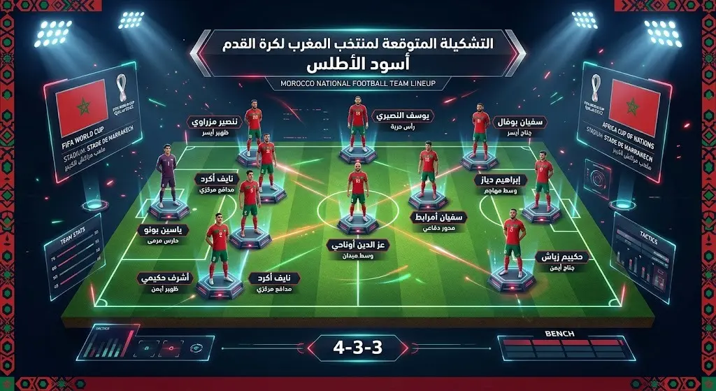 إنفوجرافيك يوضح التشكيلة المتوقعة للمنتخب المغربي في مباراته ضد كندا ببطولة كأس العالم 2026.
