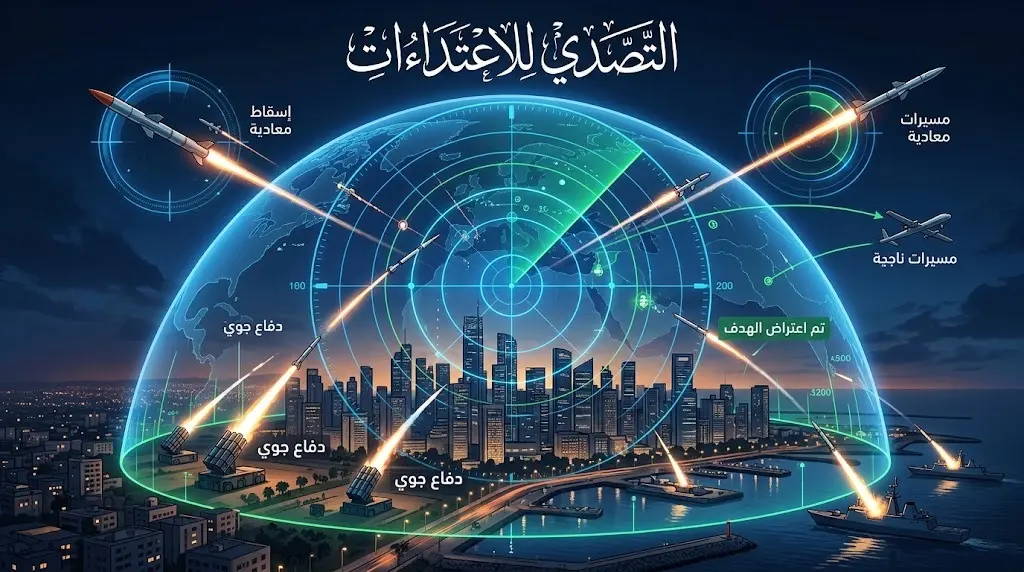 تصميم فني يدمج بين مشهد لمدينة ليلاً وشاشات رادار ثلاثية الأبعاد توضح تصدي الدفاعات الجوية للاعتداءات المسيرة مع نصوص عربية توضيحية.