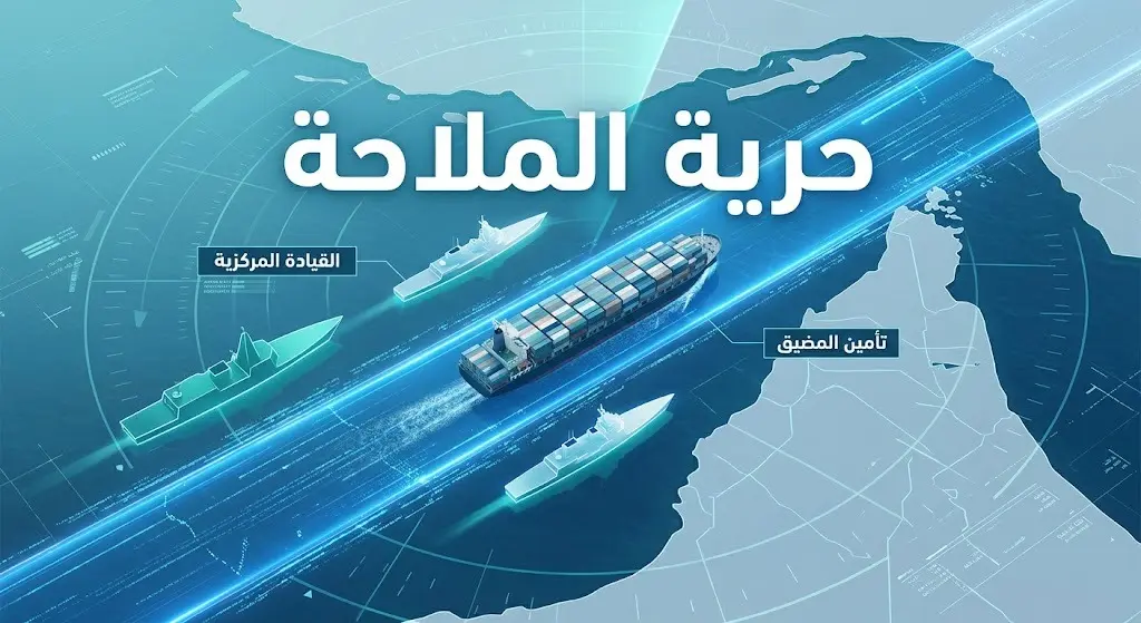 مشهد تعبيري يظهر سفن شحن تجارية تعبر مسارات بحرية آمنة تحت حماية وتأمين لضمان حرية الملاحة العالمية.
