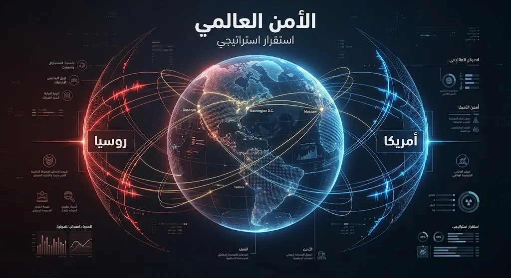 إنفوجرافيك تعبيري يجسد التوازن الاستراتيجي والمسؤولية المشتركة بين روسيا والولايات المتحدة في حفظ الأمن العالمي.