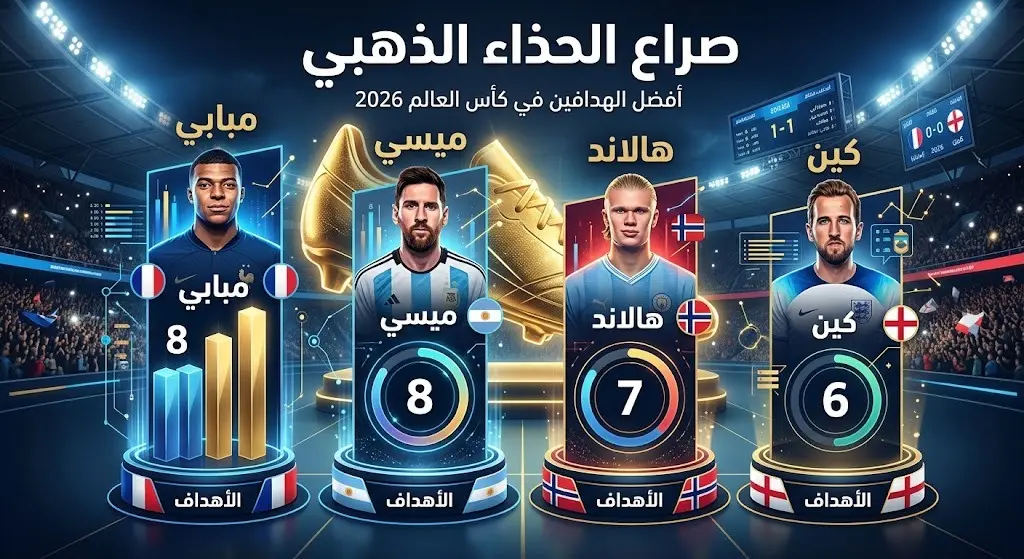 إنفوجرافيك يوضح المنافسة على الحذاء الذهبي في كأس العالم 2026 بين ميسي ومبابي وهالاند وكين