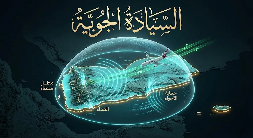 تصميم إنفوجرافيك يجسد السيادة الجوية اليمنية وحماية الأجواء والمطارات الرسمية.
