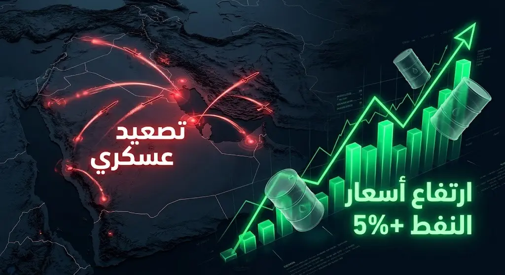 تصميم بصري يدمج بين خريطة مسارات المقذوفات العسكرية في الخليج ورسوم بيانية توضح القفزة الحادة في أسعار النفط العالمية.