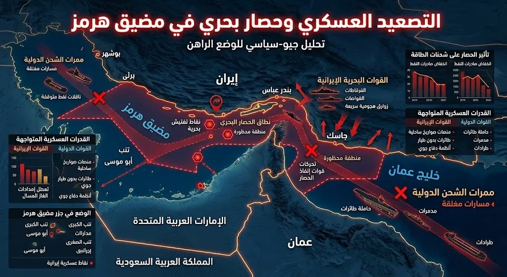 تصميم بصري وخريطة تعبيرية تبرز التصعيد العسكري وتوقف حركة الملاحة في مضيق هرمز.