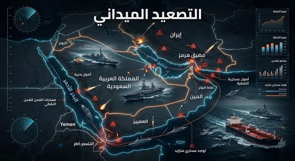 تصميم بصري يبرز مناطق التصعيد العسكري في مضيق هرمز والبحر الأحمر وتأثيره على الملاحة