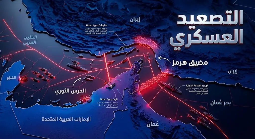 تصميم إنفوجرافيك يوضح خريطة مضيق هرمز مع رموز عسكرية تعبر عن التصعيد بين القوات الأمريكية والحرس الثوري الإيراني.