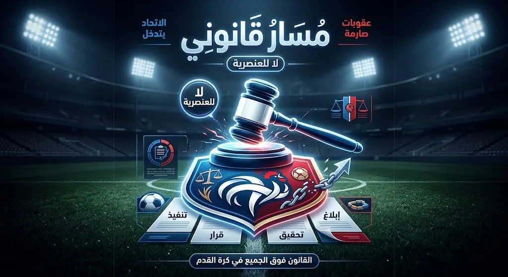 تصميم تعبيري يدمج بين رموز العدالة القانونية وكرة القدم للإشارة إلى تصعيد الاتحاد الفرنسي.