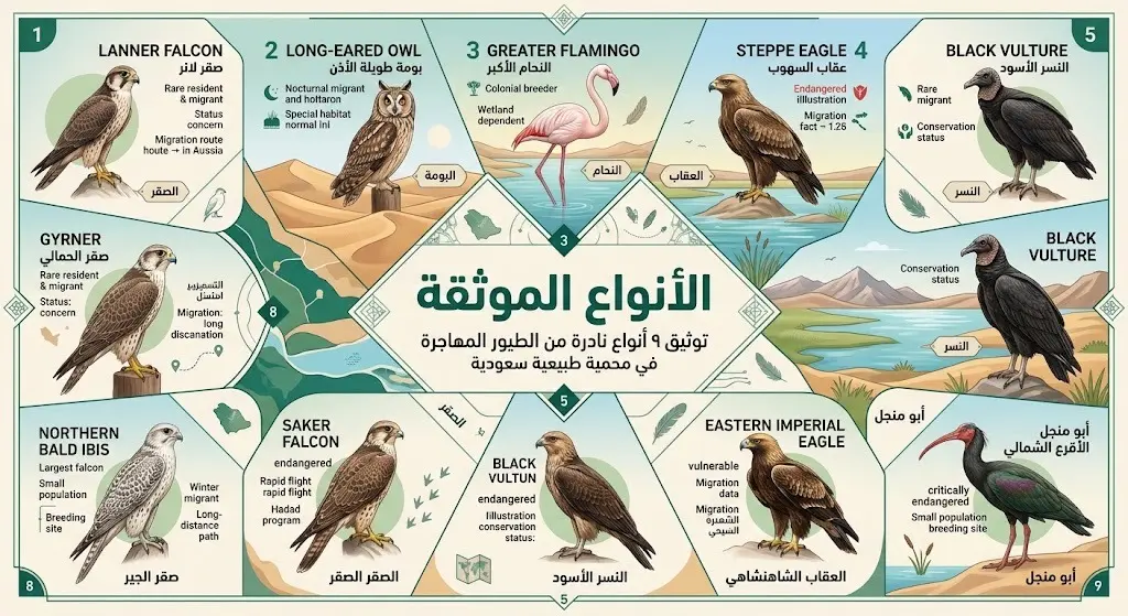 إنفوجرافيك يستعرض الأنواع التسعة النادرة من الطيور المهاجرة التي تم توثيقها في المحمية، مثل الصقر الوكري وطائر الفلامنجو.