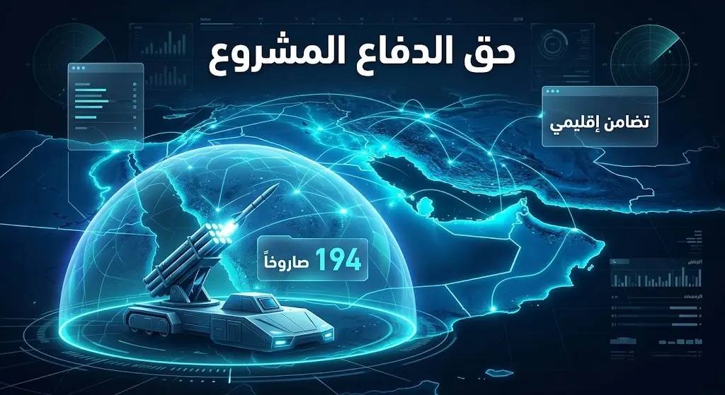 تصميم بصري يبرز التضامن الإقليمي ومنظومات الدفاع الجوي لحماية الأجواء الخليجية والعربية، مع إبراز إحصائية تدمير 194 صاروخاً.