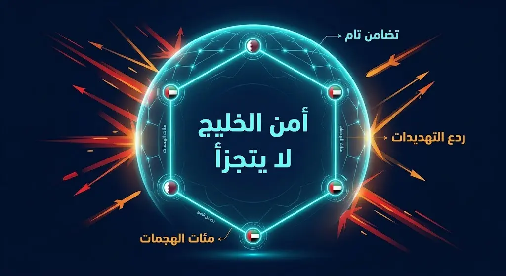 إنفوجرافيك تعبيري يوضح التضامن الخليجي كدرع موحد لصد مئات الهجمات والتهديدات الخارجية.