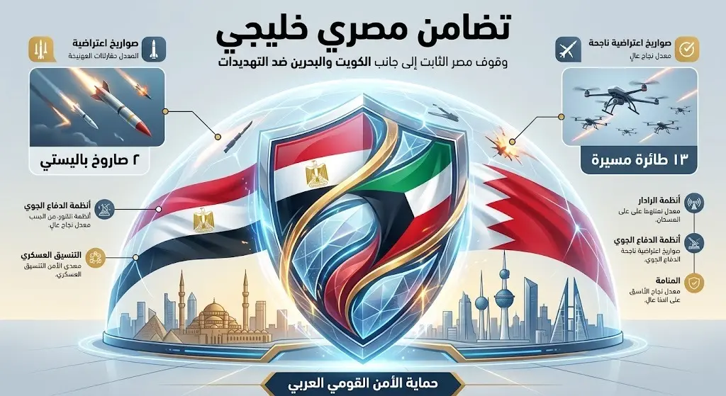 إنفوجرافيك يدمج أعلام مصر والكويت والبحرين داخل درع حماية مع إحصائيات حول التصدي للهجمات الأخيرة.