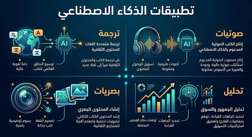 إنفوجرافيك بياني يستعرض التطبيقات العملية المتعددة للذكاء الاصطناعي في مجالات الترجمة، تحليل الجمهور، وإنتاج المحتوى الصوتي والبصري.