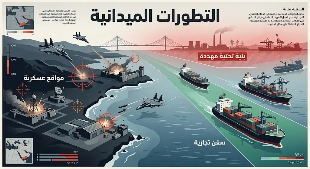 تصميم مقارنة بصري يظهر الضربات على المواقع العسكرية الإيرانية في الساحل الجنوبي مقابل العبور الآمن للسفن التجارية