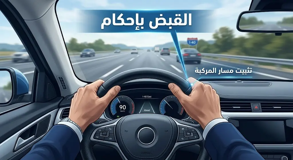 صورة إنفوجرافيك تظهر يدين تمسكان عجلة القيادة بقوة لتثبيت مسار السيارة.