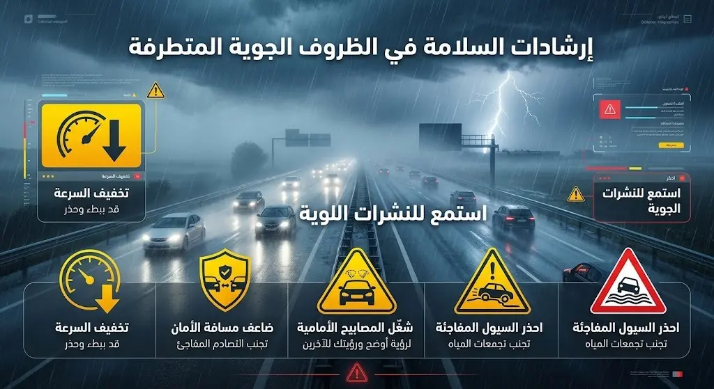 تصميم توضيحي يبرز التداعيات المتوقعة للطقس المضطرب مثل انعدام الرؤية وجريان السيول مع أيقونات إرشادية مرئية للسلامة.