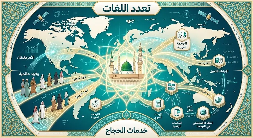 تصميم بصري يستعرض خريطة العالم ومسارات الزوار نحو المدينة المنورة، مبرزاً جهود المجمع في الترحيب بالوفود العالمية بلغات متعددة.