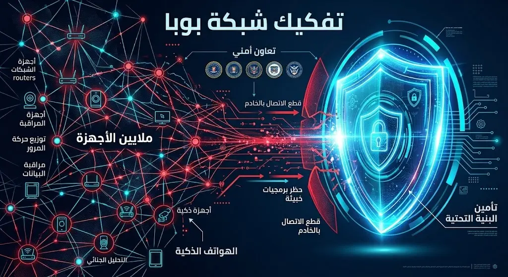 إنفوجرافيك تعبيري يوضح عملية أمنية لتفكيك شبكة الأجهزة المنزلية المخترقة بواسطة درع تقني مضيء.