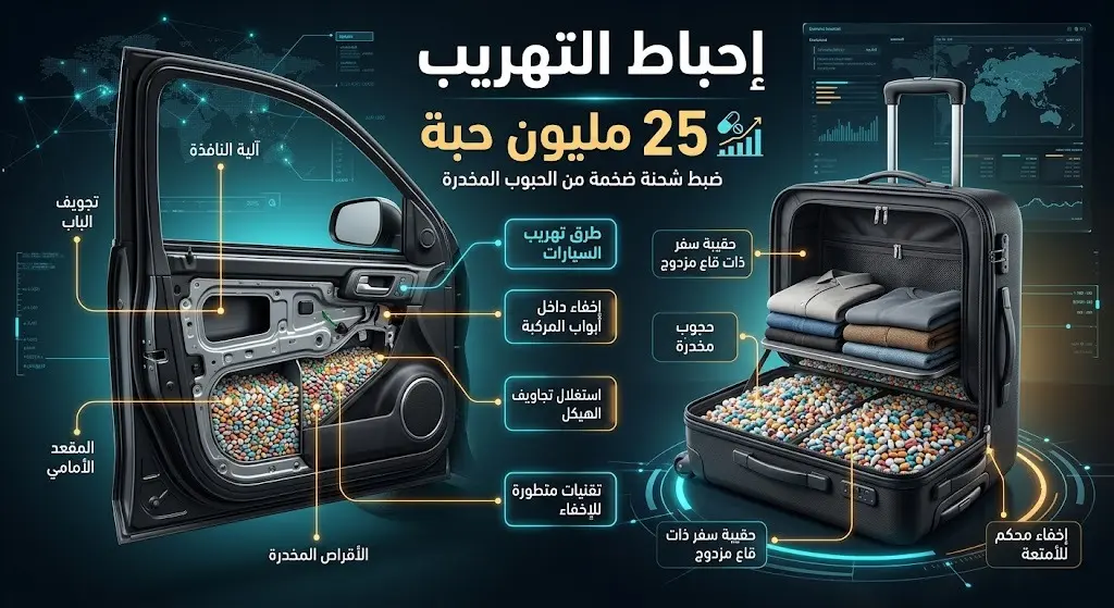 إنفوجرافيك ثلاثي الأبعاد يستعرض أساليب إخفاء الممنوعات داخل تجاويف المركبات وإحصائية ضبط 25 مليون حبة مخدرة.
