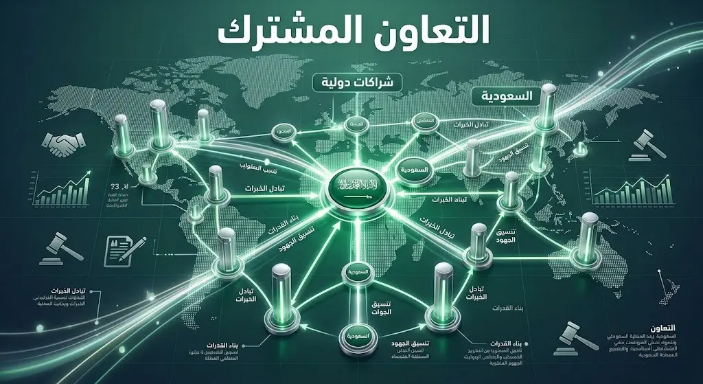 رسم تعبيري لشبكة علاقات دولية مضيئة ترمز للتعاون والشراكات بين السعودية والأجهزة النظيرة العالمية، مصممة بأسلوب احترافي حديث.