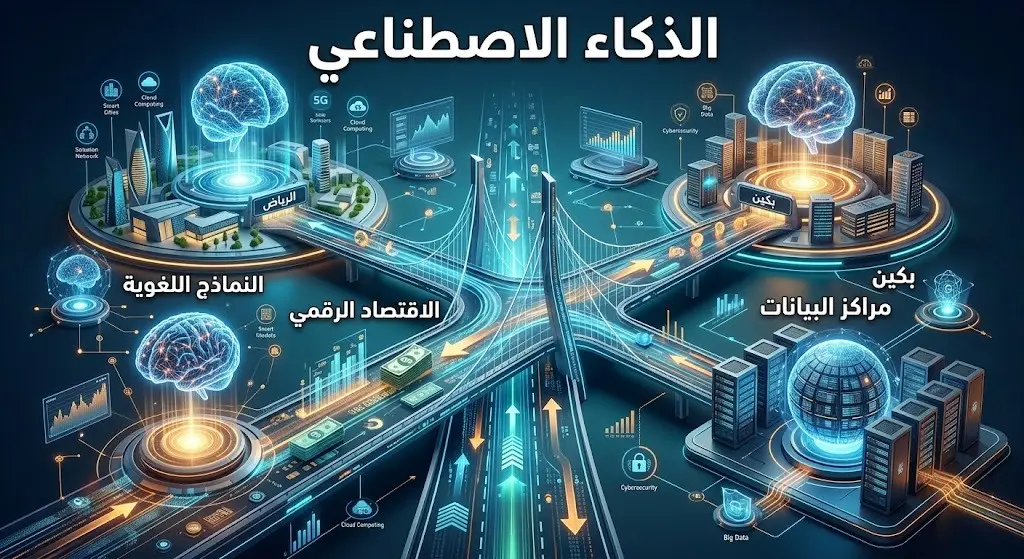 إنفوجرافيك تعبيري يجسد الشراكة السعودية الصينية في مجالات الذكاء الاصطناعي والاقتصاد الرقمي
