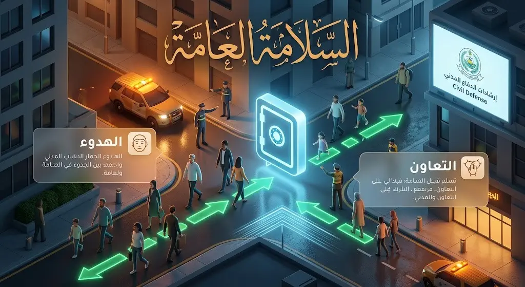 رسم تعبيري احترافي يوضح أهمية تعاون المواطنين بهدوء مع الإرشادات الأمنية والتوجه للملاجئ والأماكن الآمنة.