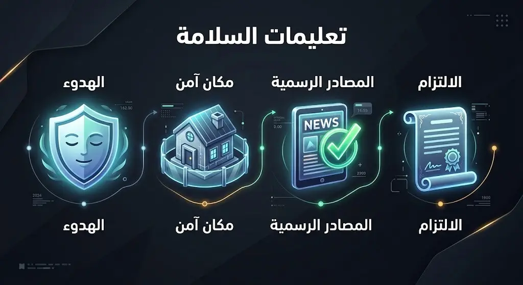 إنفوجرافيك يوضح التعليمات الأمنية الموجهة للسكان، كالحفاظ على الهدوء، والتوجه لمكان آمن، ومتابعة المصادر الرسمية.