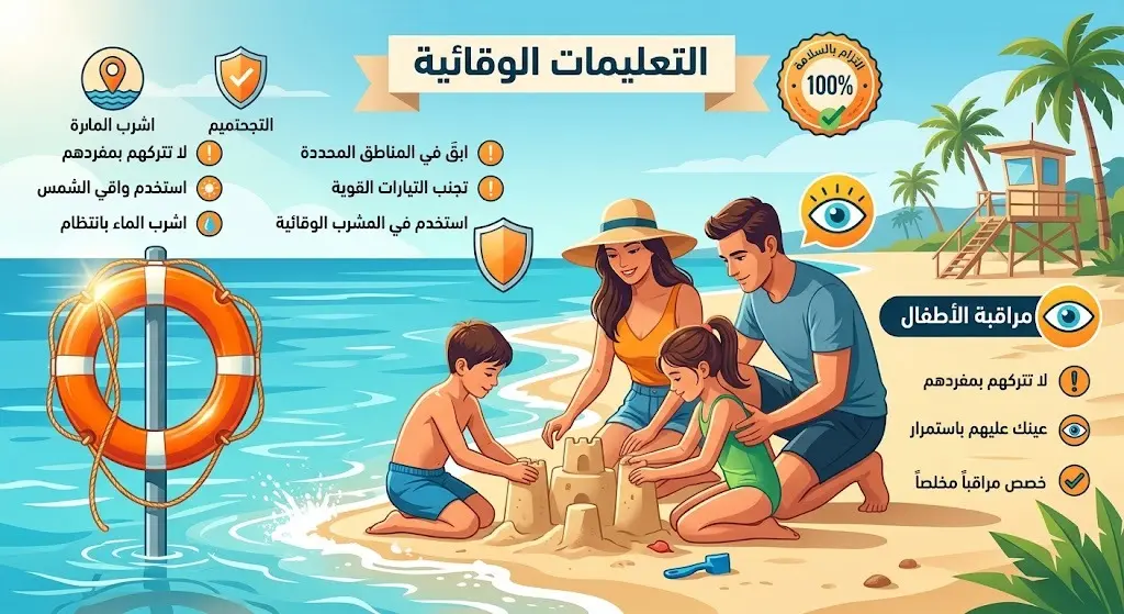 بطاقة معلومات بصرية تبرز أهمية مراقبة الأطفال على الشواطئ واتباع التعليمات الوقائية.