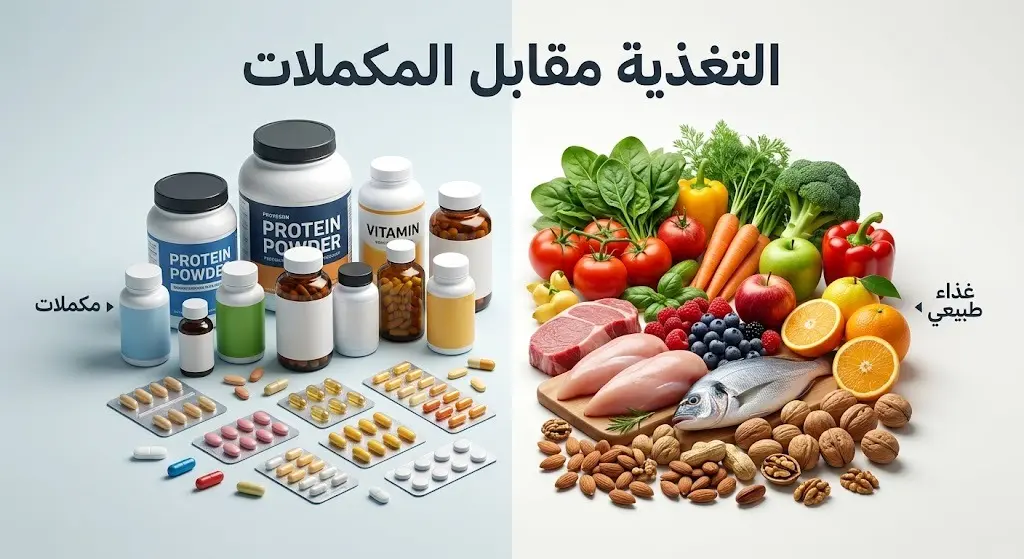 تصميم بياني يقارن بين مصادر التغذية الطبيعية الغنية بالعناصر والمكملات الغذائية المصنعة.