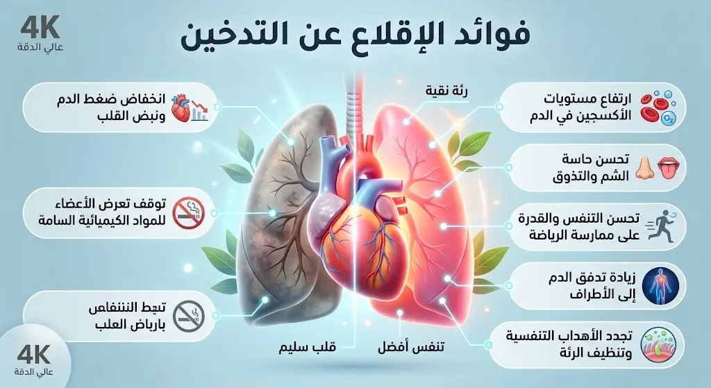 إنفوجرافيك طبي يوضح التغيرات الإيجابية في جسم الإنسان مثل تحسن كفاءة الرئتين والقلب وانخفاض أول أكسيد الكربون بعد الإقلاع عن التدخين.
