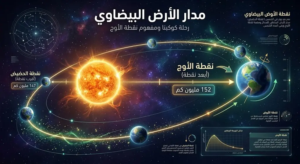 إنفوجرافيك فلكي يوضح المدار البيضاوي للأرض ووصولها إلى نقطة الأوج كأبعد مسافة عن الشمس.