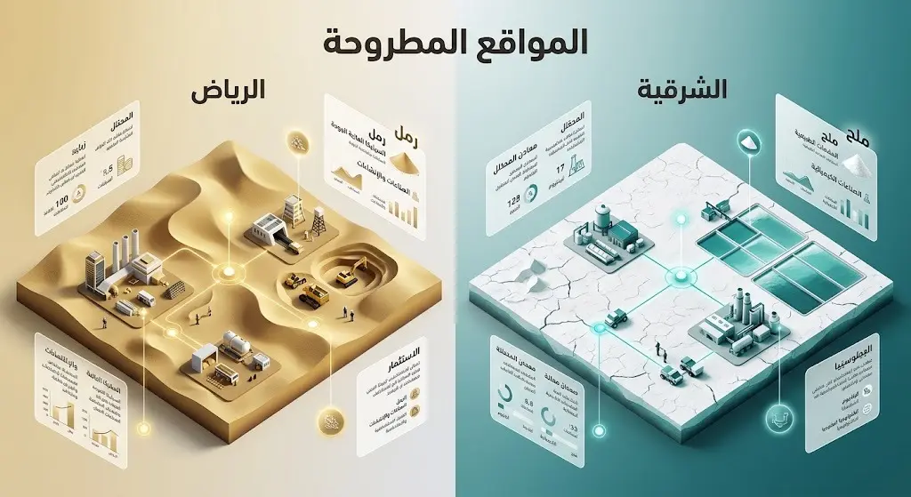 إنفوجرافيك يوضح التوزيع الجغرافي للمواقع التعدينية المطروحة في الرياض والشرقية وأنواع الخامات والمساحات.
