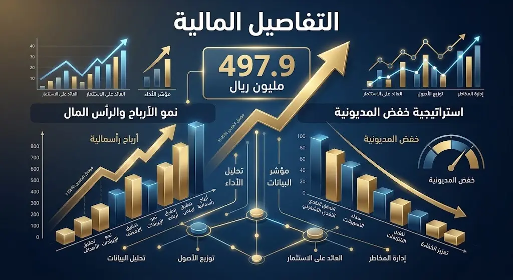 إنفوجرافيك مالي ثلاثي الأبعاد يوضح تفاصيل صفقة دله الصحية بقيمة 497.9 مليون ريال، مع رسوم بيانية تشير إلى خفض المديونية وتحقيق أرباح رأسمالية، بألوان زرقاء وذهبية.