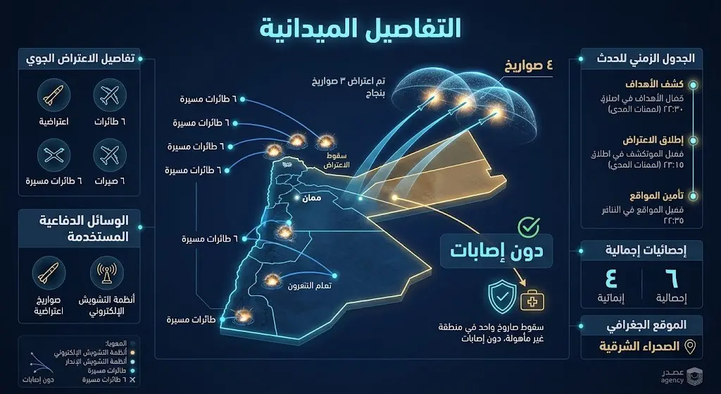 إنفوجرافيك يوضح التفاصيل الميدانية لاعتراض القوات المسلحة الأردنية 4 صواريخ و6 طائرات مسيرة دون تسجيل إصابات.