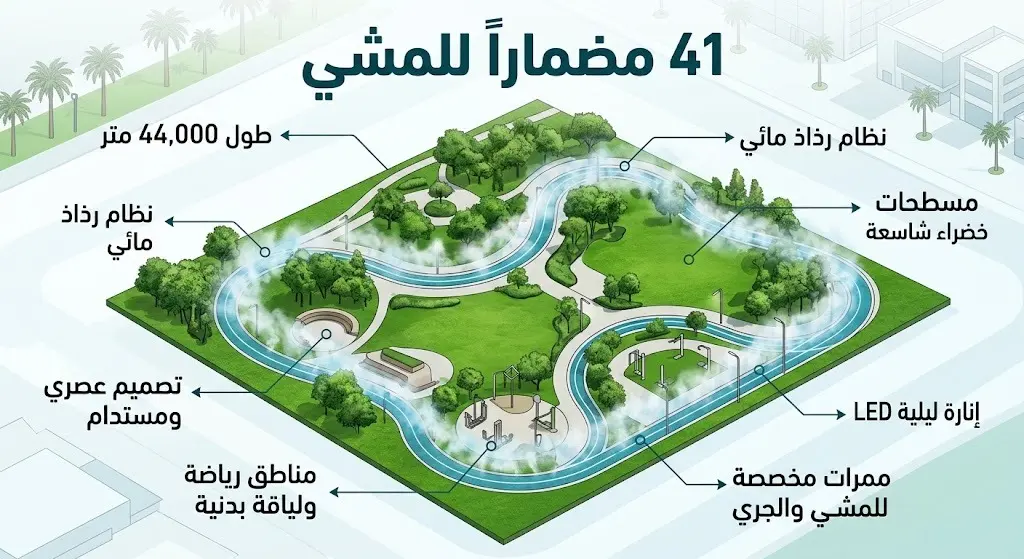 تصميم إنفوجرافيك يوضح تفاصيل مضامير المشي الجديدة في بريدة وتوزيعها مع إبراز نظام الرذاذ المائي المبرد.