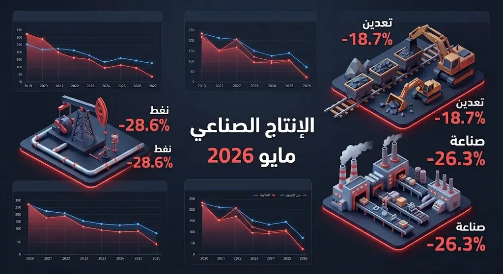 إنفوجرافيك تحليلي يوضح تراجع الرقم القياسي للإنتاج الصناعي لشهر مايو 2026 بنسبة 18.7% وتأثير انخفاض أنشطة التعدين والنفط والصناعة التحويلية.