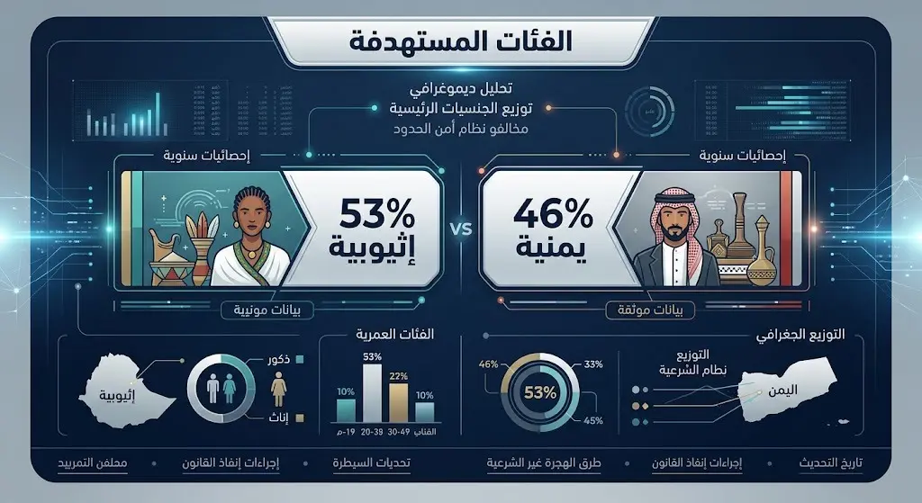 إنفوجرافيك بياني يوضح بالأرقام والنسب جنسيات المخالفين لمحاولة عبور الحدود إلى داخل المملكة، مشيراً إلى نسبة 53% للإثيوبيين و46% لليمنيين ضمن تصميم احترافي.