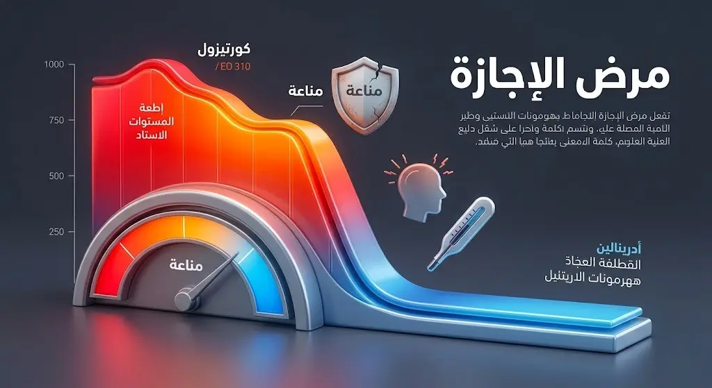 إنفوجرافيك يوضح التفسير العلمي لمرض الإجازة والانخفاض المفاجئ لهرمونات التوتر وتأثيرها على المناعة.