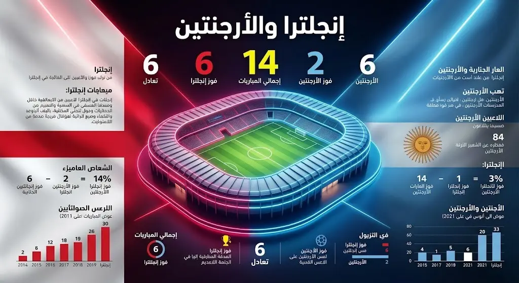 إنفوجرافيك يوضح إحصائيات المواجهات التاريخية بين منتخبي إنجلترا والأرجنتين وتفوق إنجلترا في عدد الانتصارات.