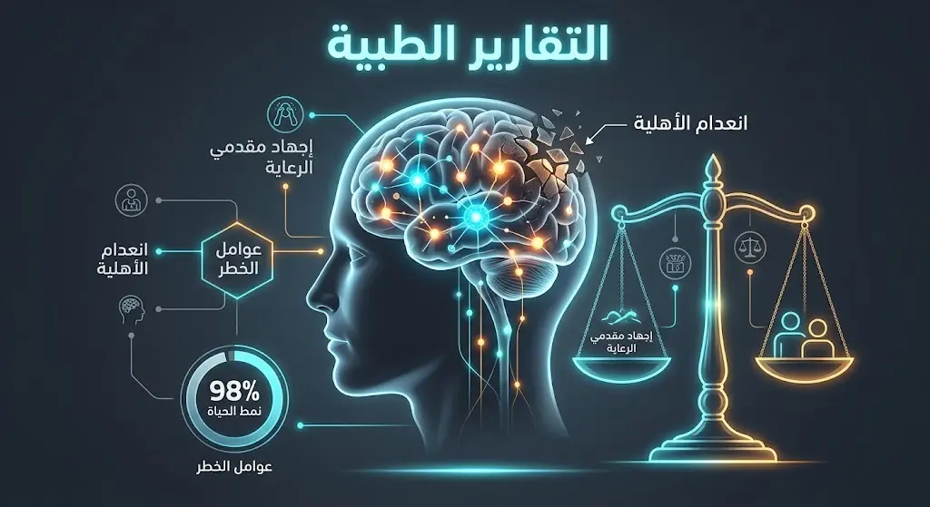 تصميم بياني طبي وقانوني يستعرض حالة انعدام الأهلية الناتجة عن إرهاق الرعاية، وتأثير نمط الحياة على خطر ألزهايمر.