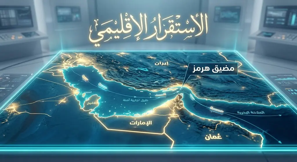 خريطة بصرية تفاعلية تبرز مضيق هرمز كرمز لعودة الاستقرار الإقليمي واستئناف حركة الملاحة بأمان.