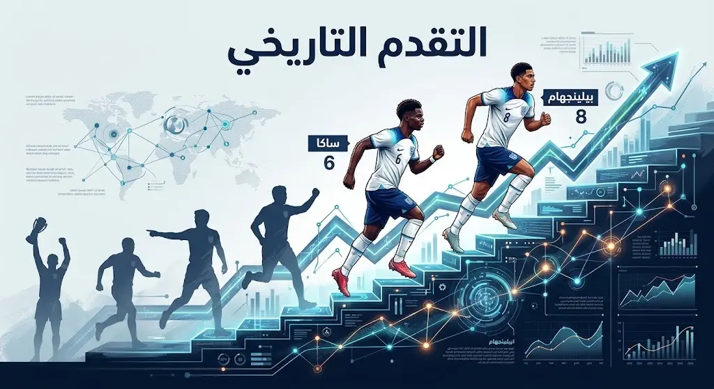 رسم تعبيري يوضح تقدم الثنائي بوكايو ساكا وجود بيلينجهام في قائمة هدافي إنجلترا وتخطيهما لأساطير المنتخب.