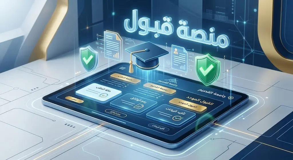 تصميم فني يوضح عملية التقديم الإلكتروني لجامعة القصيم عبر المنصة الوطنية الموحدة للقبول