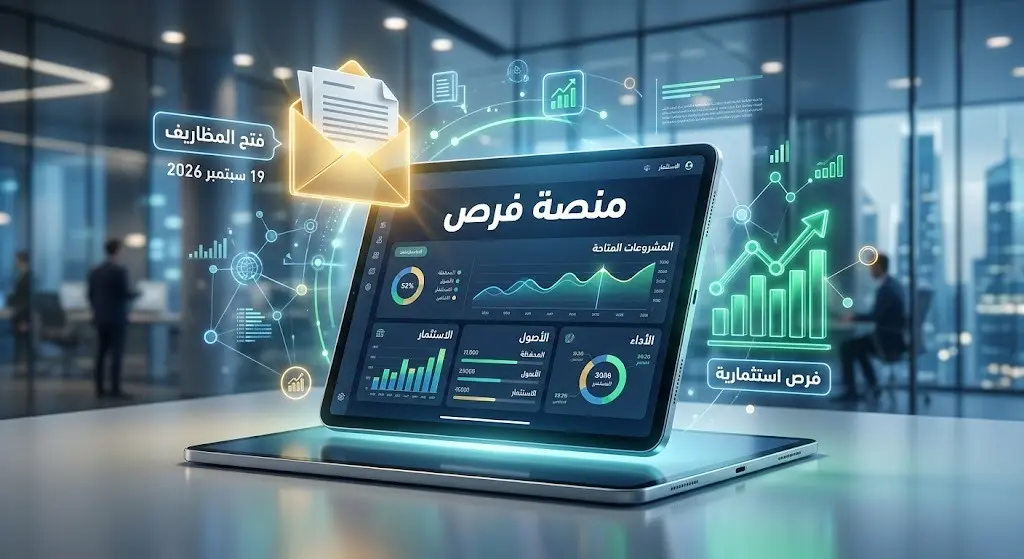 تصميم رقمي إبداعي يظهر واجهة منصة فرص الاستثمارية على شاشة ذكية مع أيقونات تعبيرية لفتح المظاريف ومؤشرات الاستثمار.