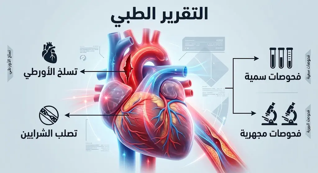 إنفوجرافيك طبي يوضح تمزق الشريان الأورطي والمسار المخبري للفحوصات السمية والمجهرية.