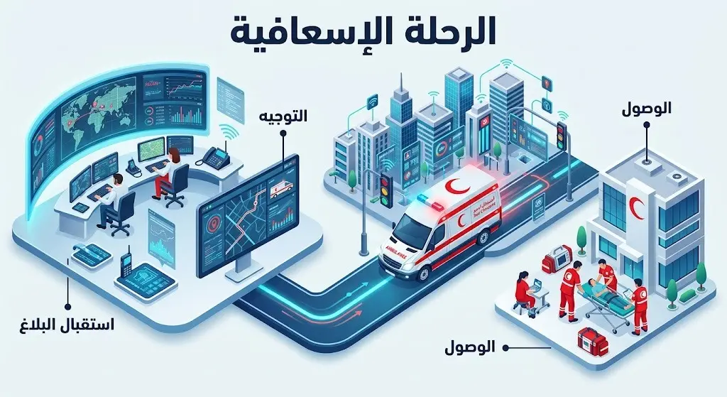 إنفوجرافيك ثلاثي الأبعاد يوضح مسار الرحلة الإسعافية وتكامل التقنيات التشغيلية بدءاً من غرفة العمليات وتلقي البلاغ حتى وصول سيارة الإسعاف لموقع الحالة الميداني.