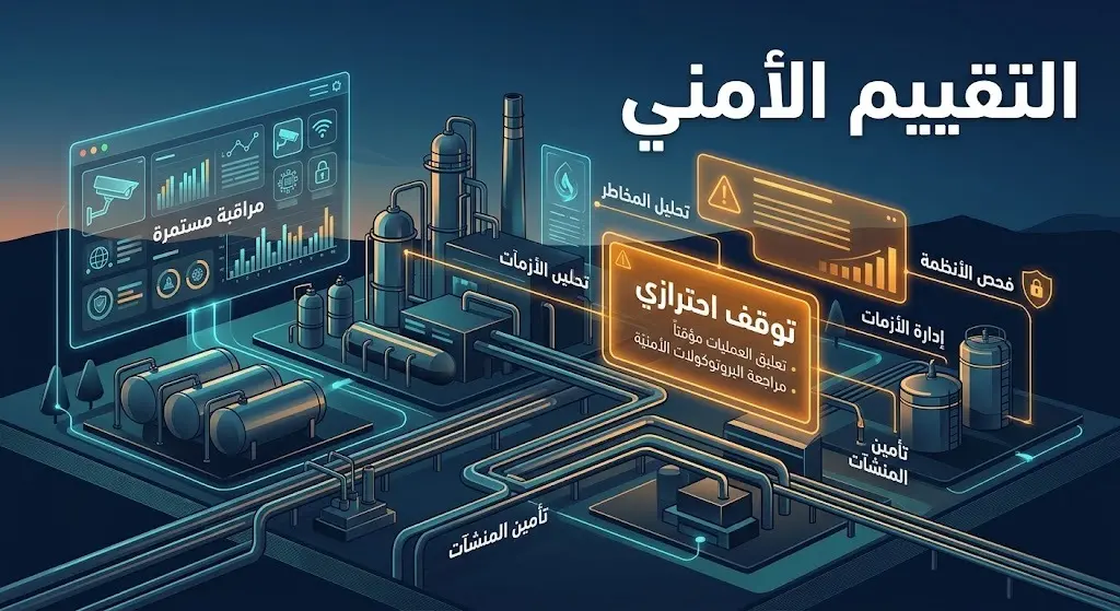 تصميم تعبيري وإنفوجرافيك يوضح التقييم الأمني وتعليق العمليات في منشآت الغاز كإجراء احترازي.