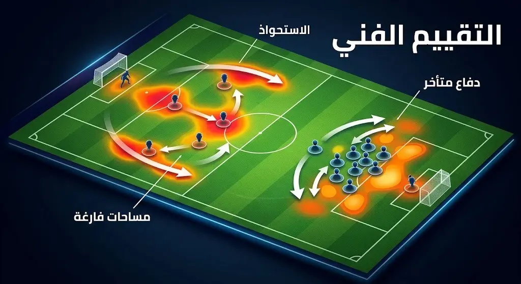 إنفوجرافيك تكتيكي يوضح التقييم الفني للمباراة، مبرزاً أسلوب الاستحواذ والضغط الهجومي الإسباني في مواجهة الدفاع المتأخر للمنتخب البرتغالي.