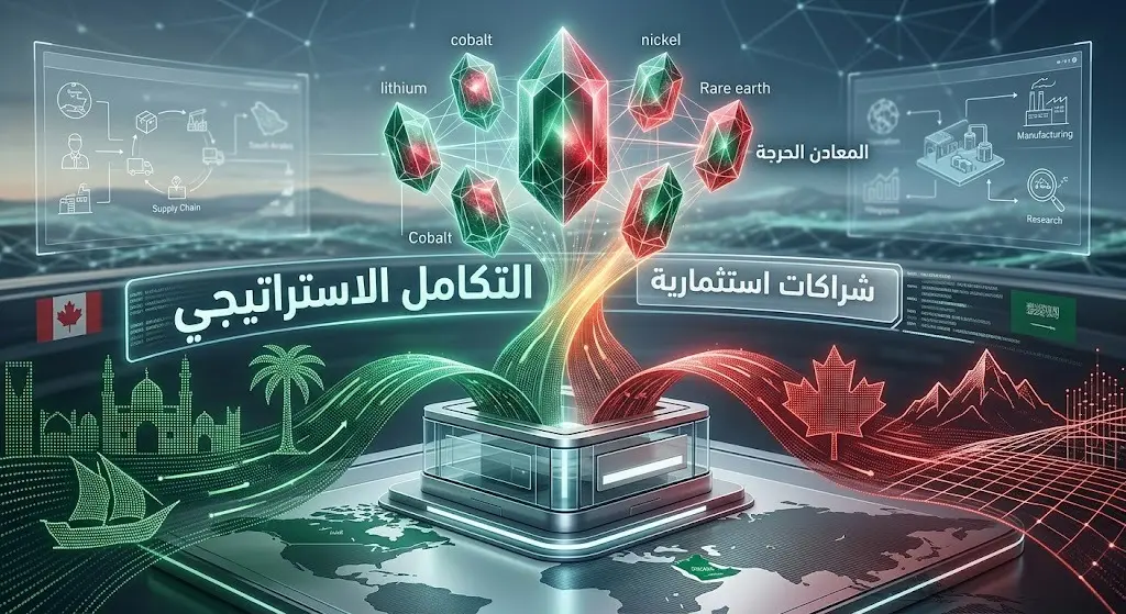 تصميم إبداعي يعبر عن الشراكة الاستراتيجية بين السعودية وكندا لاستثمار وتطوير قطاع المعادن الحرجة.