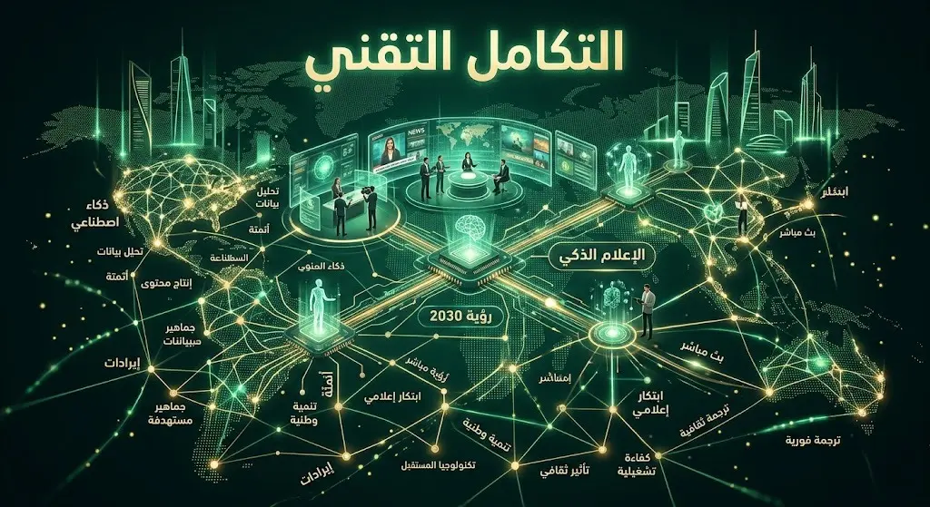 تصميم بصري يعبر عن التكامل بين تقنيات الذكاء الاصطناعي وصناعة الإعلام لتحقيق مستهدفات رؤية السعودية 2030.